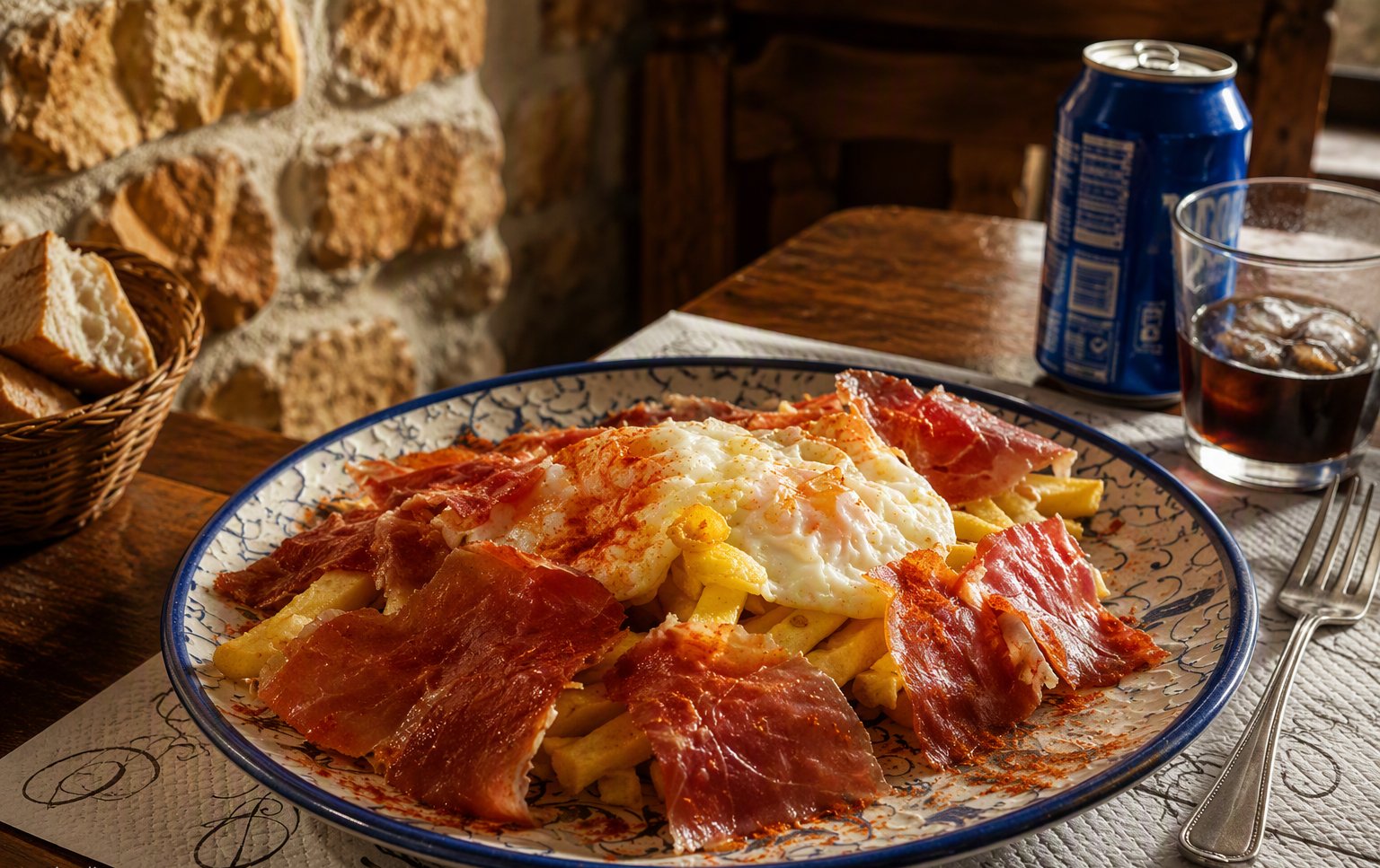 Patatas con huevos rotos y jamón
